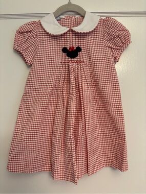 Red Gingham Peter Pan Collar Kids Dress with Embroidered Minnie Mouse silhouette